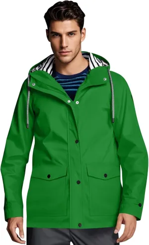 Men Waterproof Jacket Zip Up Hoodie Plus Size Long Sleeve Solid Button Windproof Outdoor Coat with Pocket