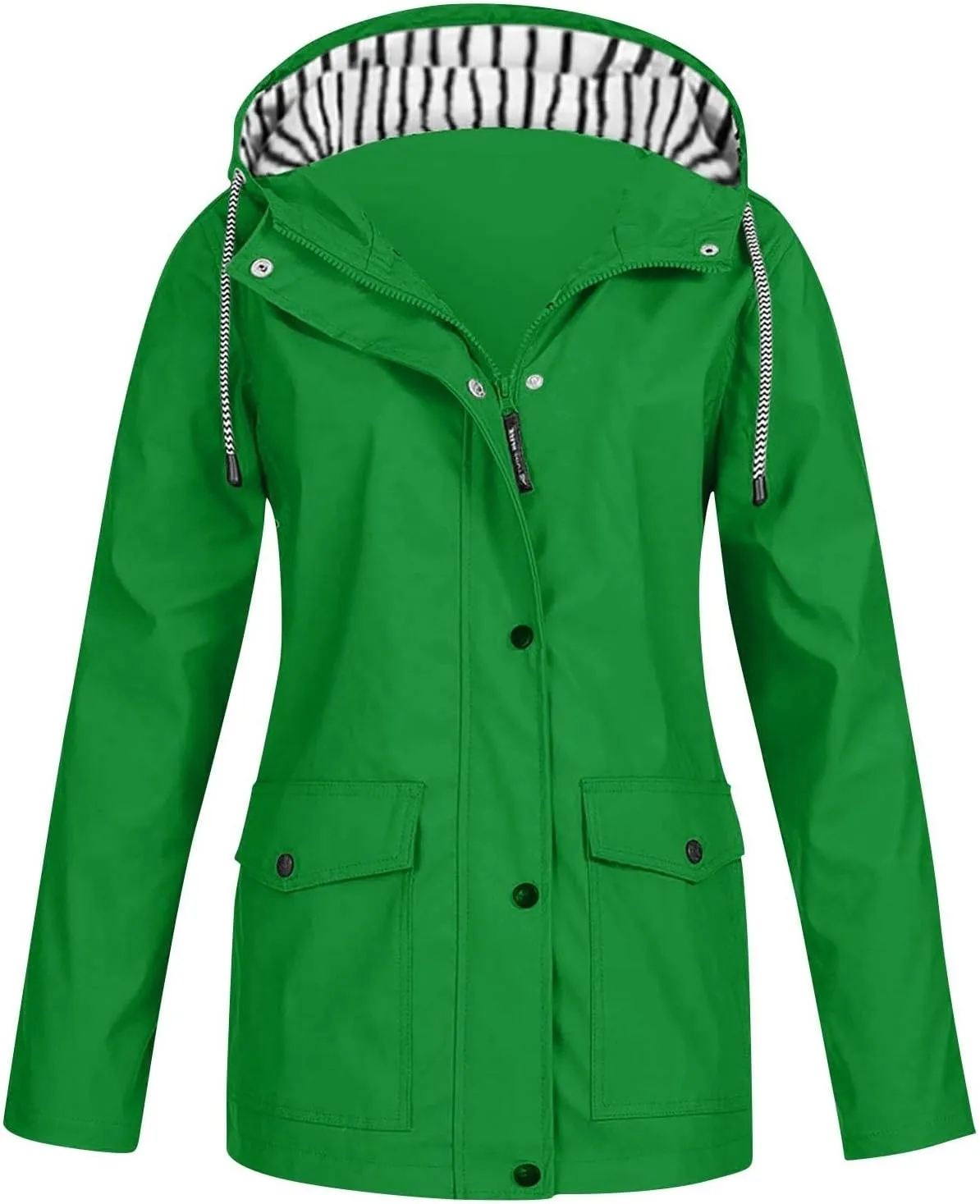 Men Waterproof Jacket Zip Up Hoodie Plus Size Long Sleeve Solid Button Windproof Outdoor Coat with Pocket