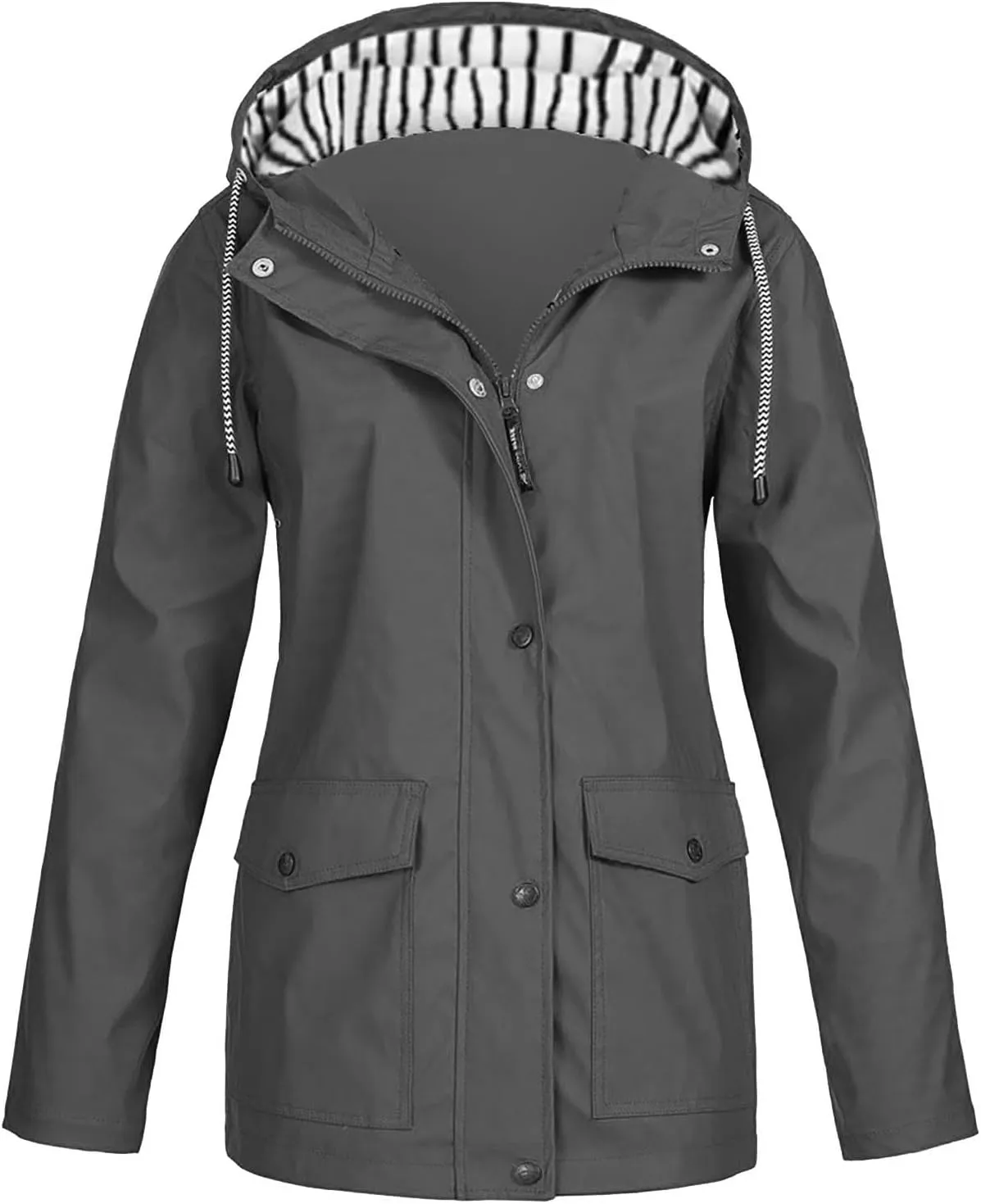 Men Waterproof Jacket Zip Up Hoodie Plus Size Long Sleeve Solid Button Windproof Outdoor Coat with Pocket