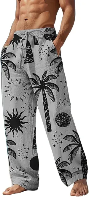 Mens Baggy Wide Leg Boho Pants Loose Fit Casual Coconut Tree Hippie Printed Harem Pants Casual Gym Jogger Sweatpants