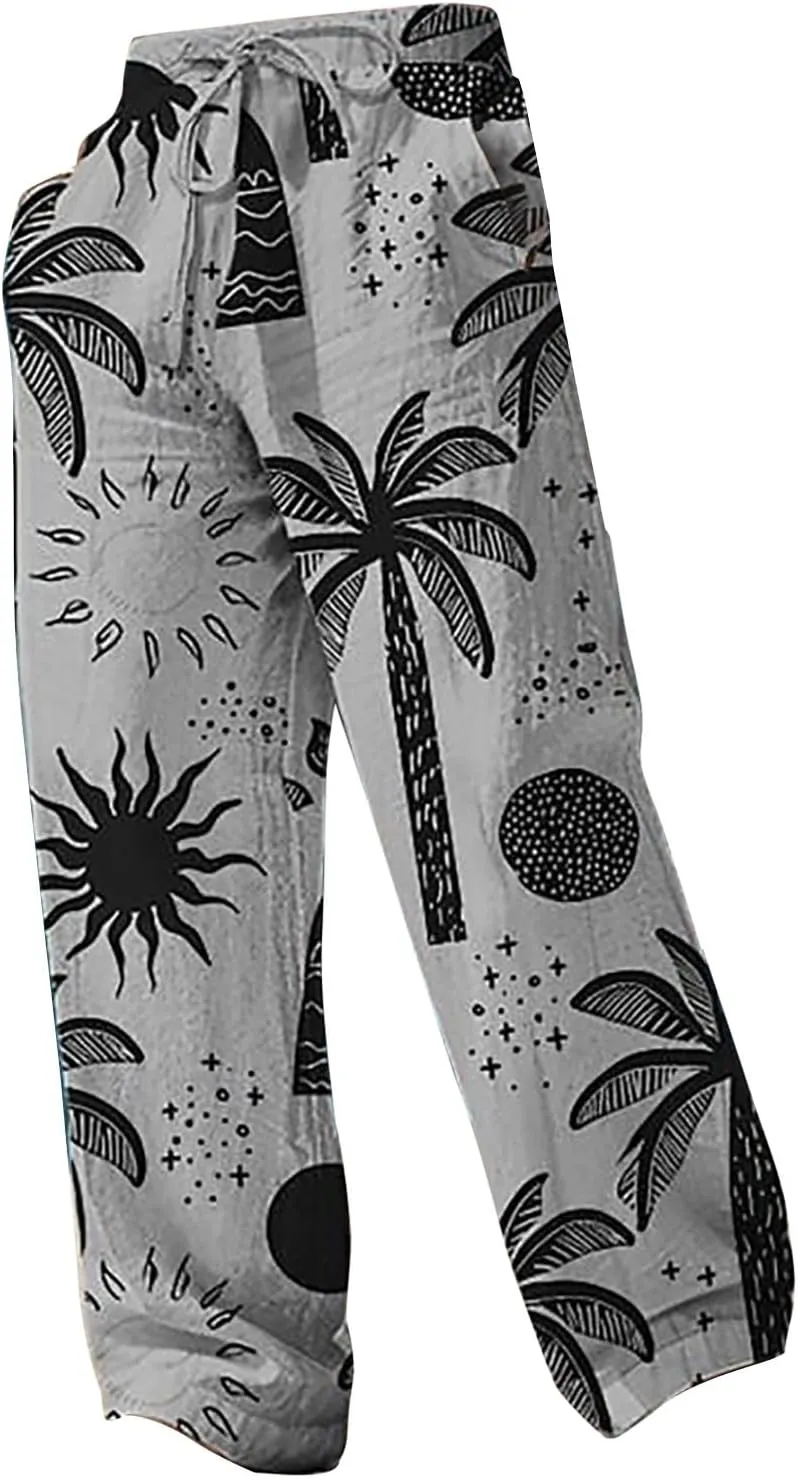 Mens Baggy Wide Leg Boho Pants Loose Fit Casual Coconut Tree Hippie Printed Harem Pants Casual Gym Jogger Sweatpants