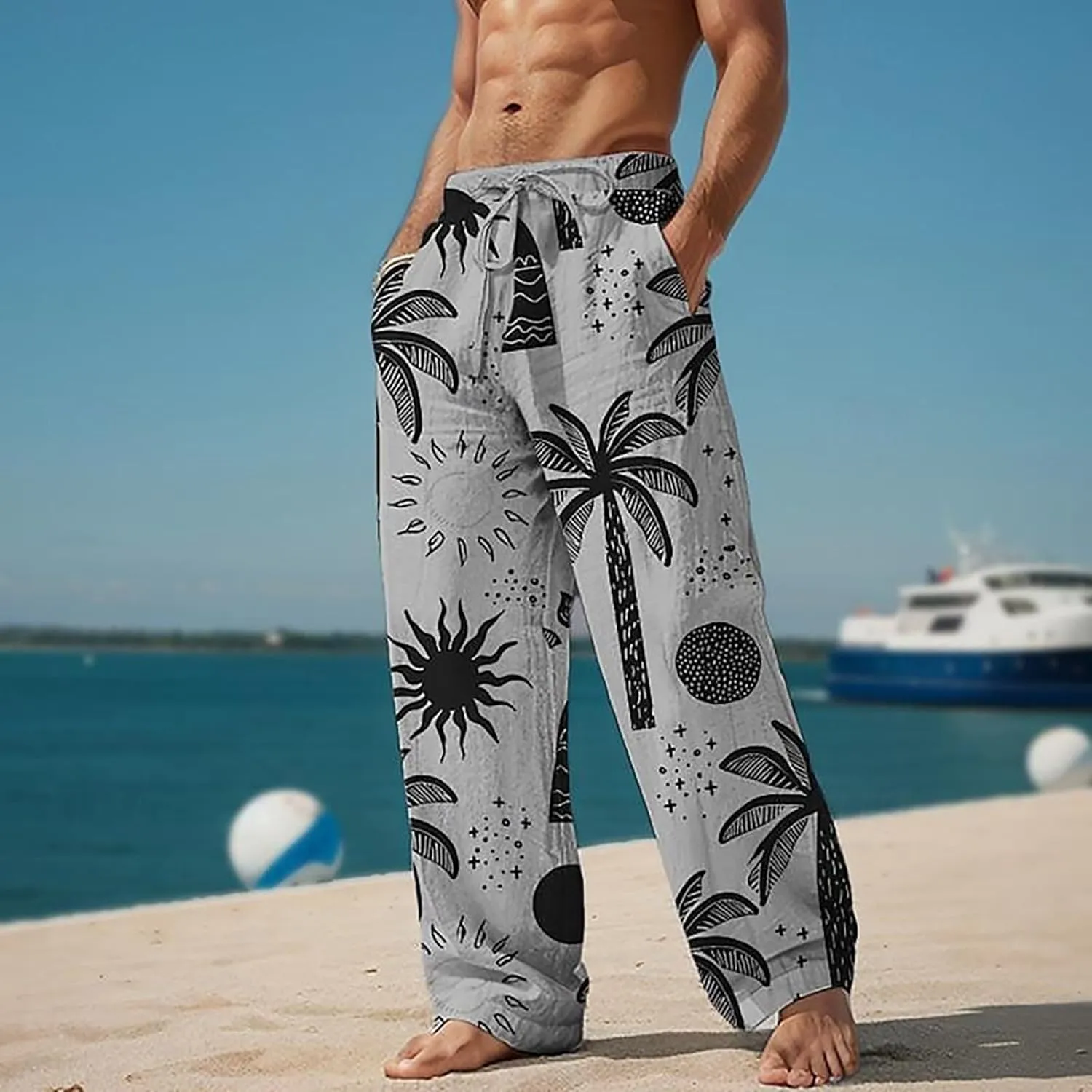 Mens Baggy Wide Leg Boho Pants Loose Fit Casual Coconut Tree Hippie Printed Harem Pants Casual Gym Jogger Sweatpants