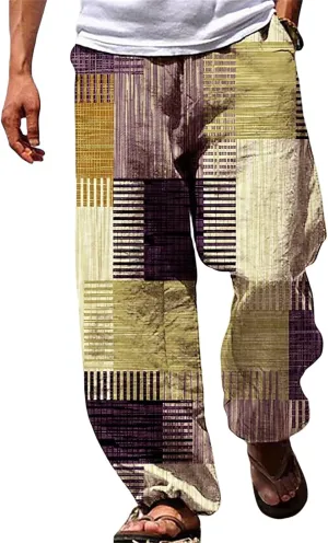 Men's Big & Tall Beach Lounge Pants Linen Drawstring Pants with Vibrant Prints Patchwork Plaid Pants for Everyday Wear