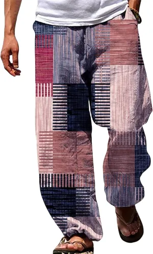 Men's Big & Tall Beach Lounge Pants Linen Drawstring Pants with Vibrant Prints Patchwork Plaid Pants for Everyday Wear