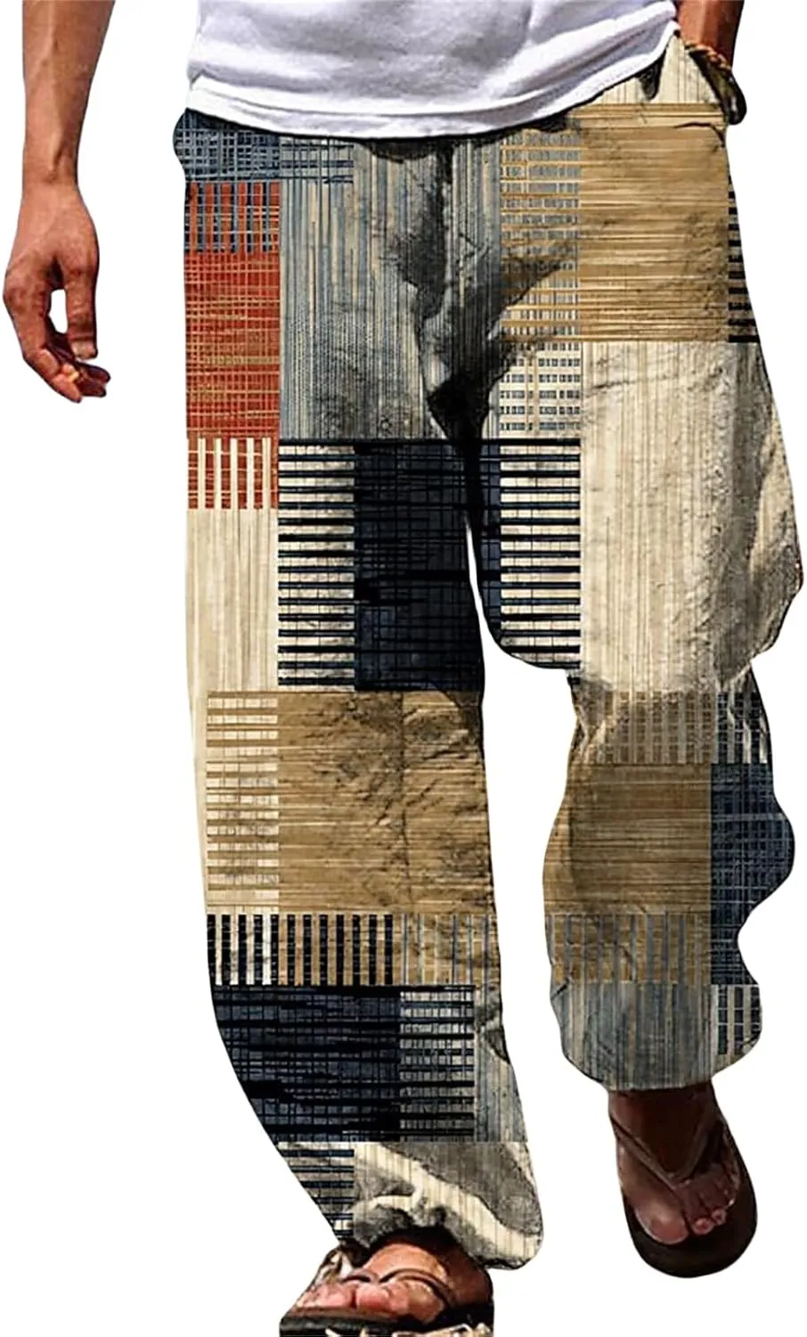 Men's Big & Tall Beach Lounge Pants Linen Drawstring Pants with Vibrant Prints Patchwork Plaid Pants for Everyday Wear
