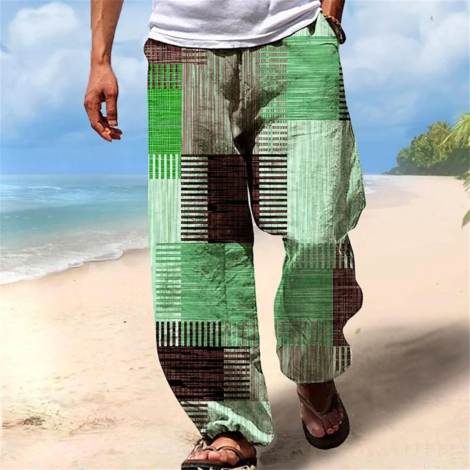 Men's Big & Tall Beach Lounge Pants Linen Drawstring Pants with Vibrant Prints Patchwork Plaid Pants for Everyday Wear
