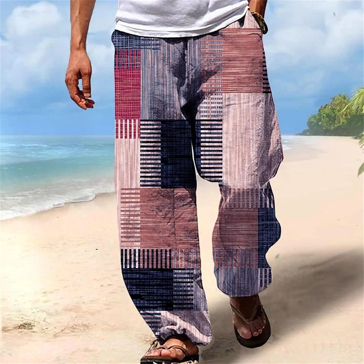 Men's Big & Tall Beach Lounge Pants Linen Drawstring Pants with Vibrant Prints Patchwork Plaid Pants for Everyday Wear