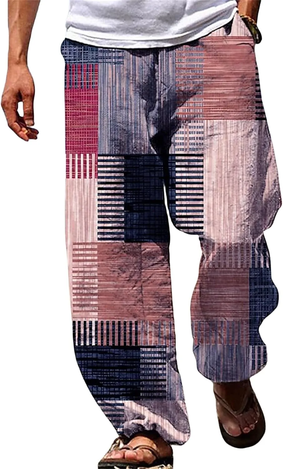 Men's Big & Tall Beach Lounge Pants Linen Drawstring Pants with Vibrant Prints Patchwork Plaid Pants for Everyday Wear