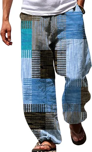 Men's Big & Tall Beach Lounge Pants Linen Drawstring Pants with Vibrant Prints Patchwork Plaid Pants for Everyday Wear