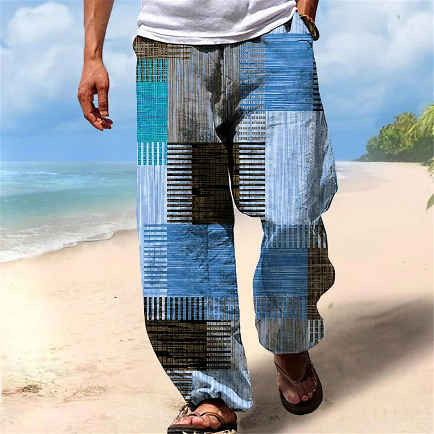Men's Big & Tall Beach Lounge Pants Linen Drawstring Pants with Vibrant Prints Patchwork Plaid Pants for Everyday Wear