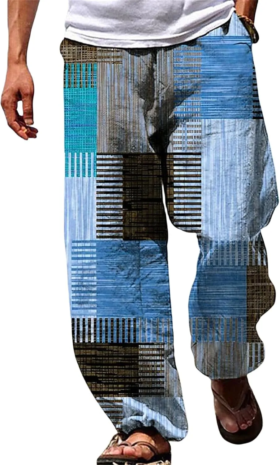 Men's Big & Tall Beach Lounge Pants Linen Drawstring Pants with Vibrant Prints Patchwork Plaid Pants for Everyday Wear