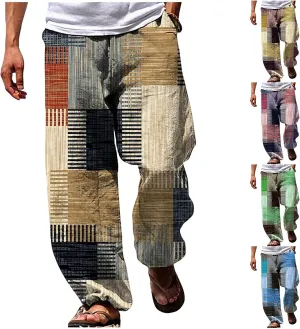 Men's Big & Tall Beach Lounge Pants Linen Drawstring Pants with Vibrant Prints Patchwork Plaid Pants for Everyday Wear