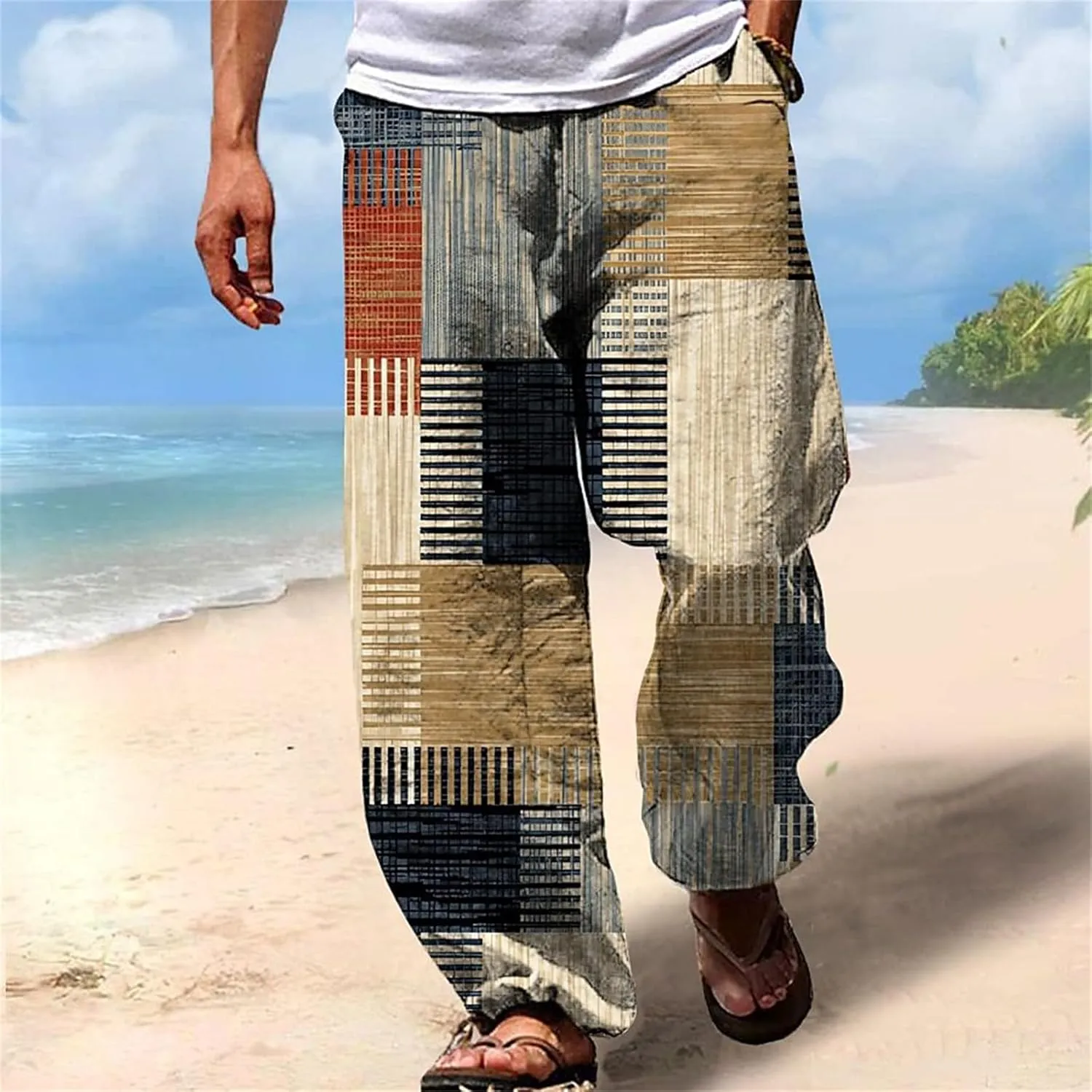 Men's Big & Tall Beach Lounge Pants Linen Drawstring Pants with Vibrant Prints Patchwork Plaid Pants for Everyday Wear