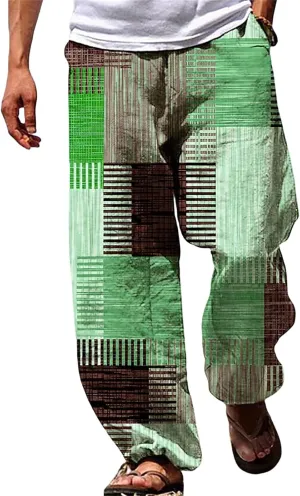 Men's Big & Tall Beach Lounge Pants Linen Drawstring Pants with Vibrant Prints Patchwork Plaid Pants for Everyday Wear