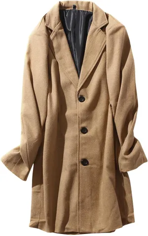 Mens Button Wool Blend Overcoat Jacket Lapel Solid Color Long Sleeve Warm Mid Length Coat Fashion Elegant Coat