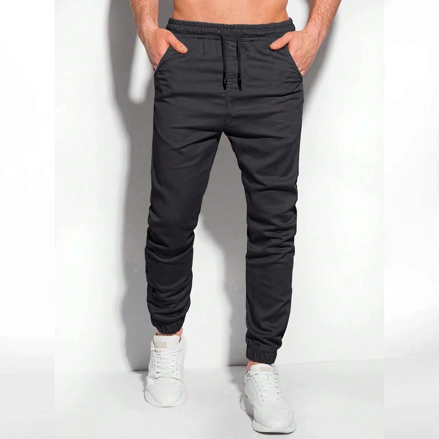 Mens Casual Chino Pants Elastic Waist Solid Color Classic Slim Fit Stretch Work Pants Fashion Sport Business Office Trousers