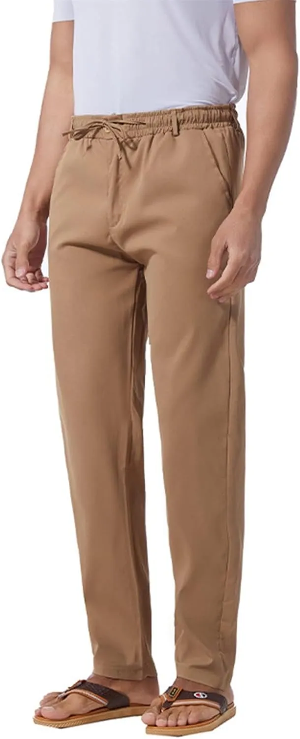 Men's Casual Pants Cotton Twill Linen Relaxed Fit Options with Elastic Waist Drawstring Pockets for Everyday Wear