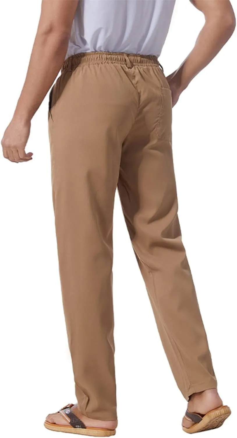 Men's Casual Pants Cotton Twill Linen Relaxed Fit Options with Elastic Waist Drawstring Pockets for Everyday Wear