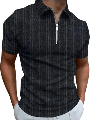 Men's Classic Short Sleeve Polo Shirt Zip Up Casual Summer Slim Fit T-Shirts Striped Graphic Printed Tops Beach Tees F-Black