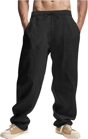 Men's Cotton Linen Pants Summer Fashion Solid Color Loose Comfy Plus Size Wide Leg Sweatpant Elastic Waist Trouser