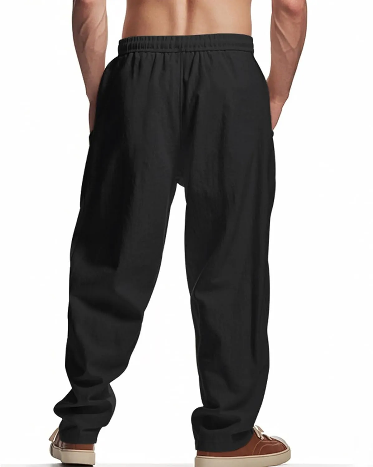 Men's Cotton Linen Pants Summer Fashion Solid Color Loose Comfy Plus Size Wide Leg Sweatpant Elastic Waist Trouser