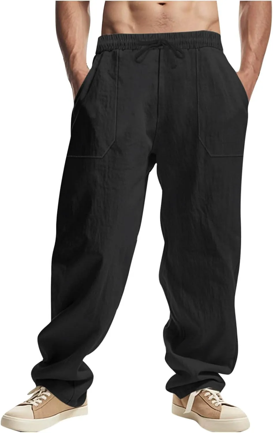 Men's Cotton Linen Pants Summer Fashion Solid Color Loose Comfy Plus Size Wide Leg Sweatpant Elastic Waist Trouser