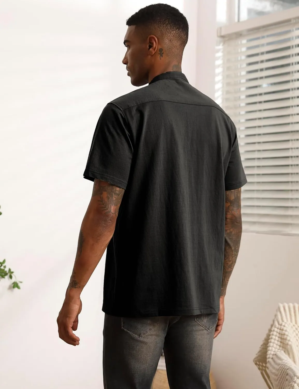 Mens Cotton Linen Shirts Short Sleeve Henley T-Shirt Summer Casual Lightweight Hippie Beach Tops