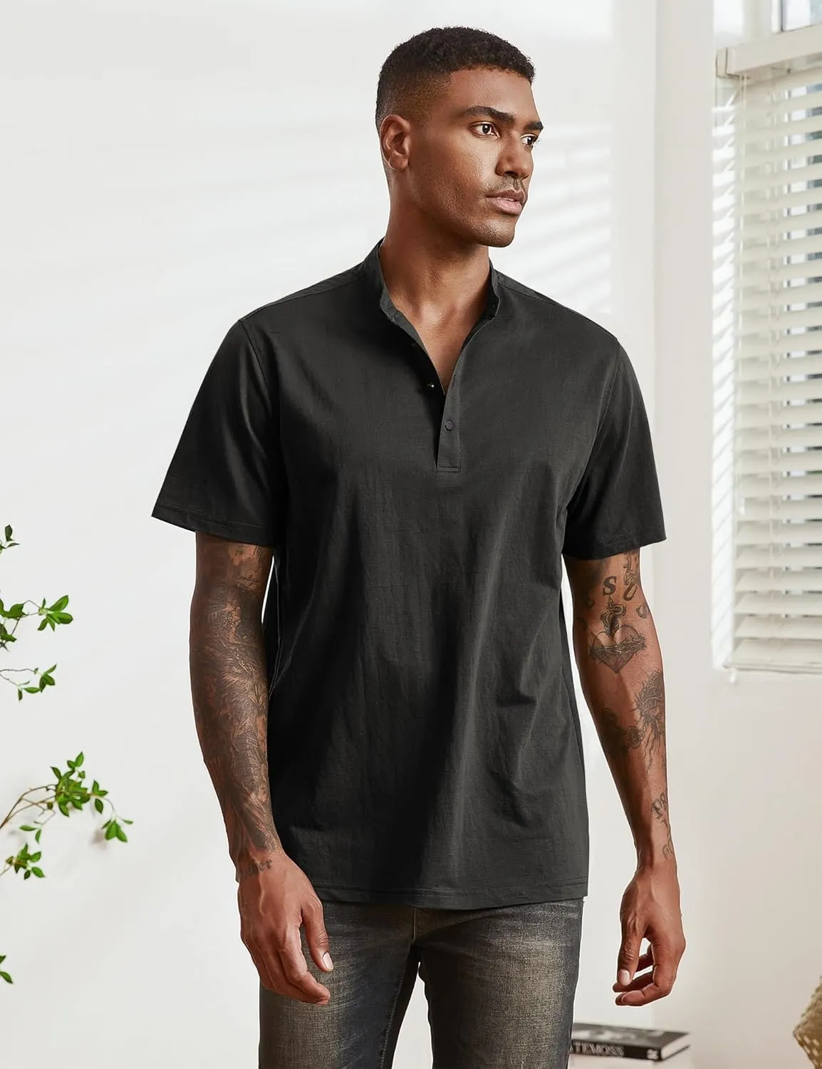 Mens Cotton Linen Shirts Short Sleeve Henley T-Shirt Summer Casual Lightweight Hippie Beach Tops