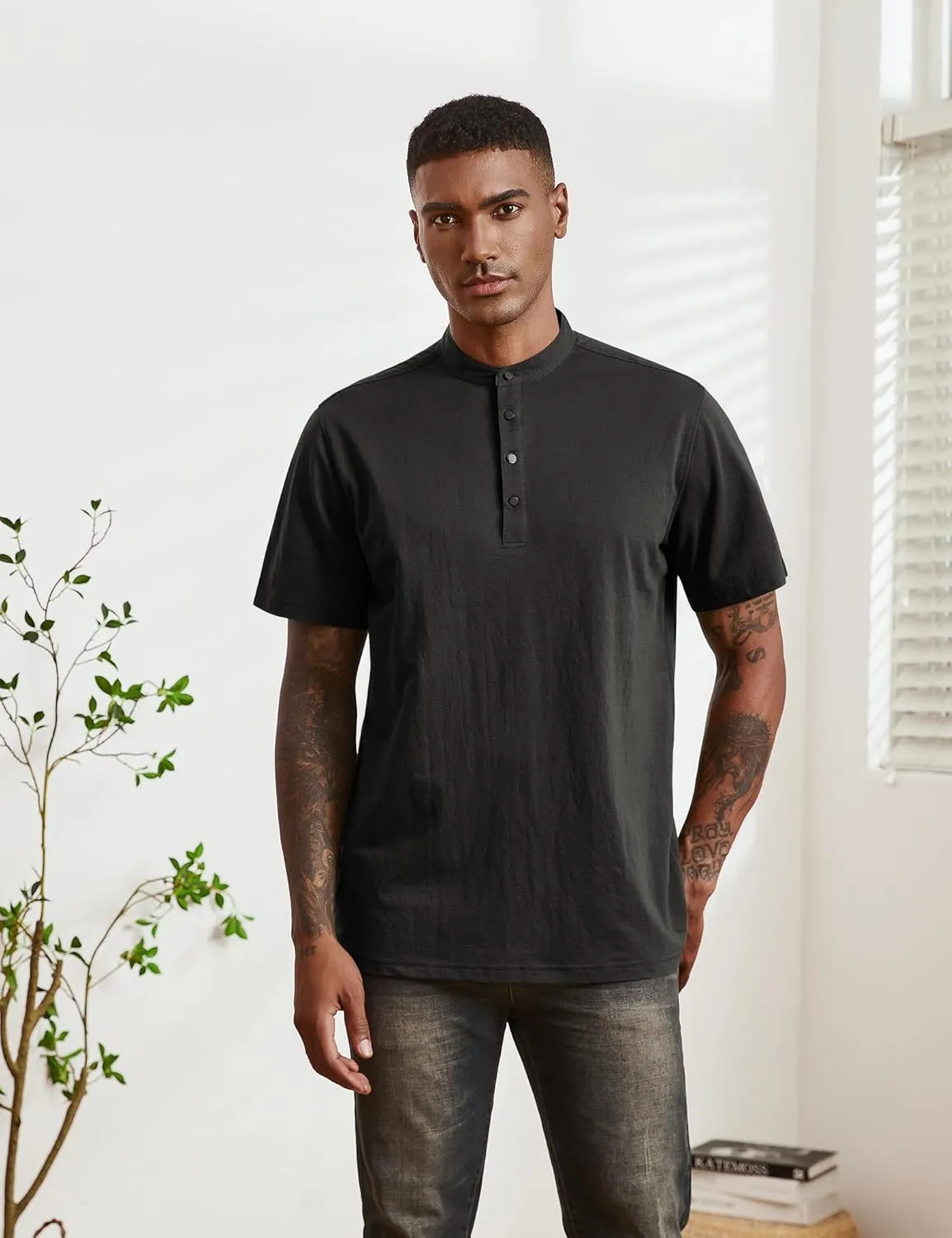 Mens Cotton Linen Shirts Short Sleeve Henley T-Shirt Summer Casual Lightweight Hippie Beach Tops