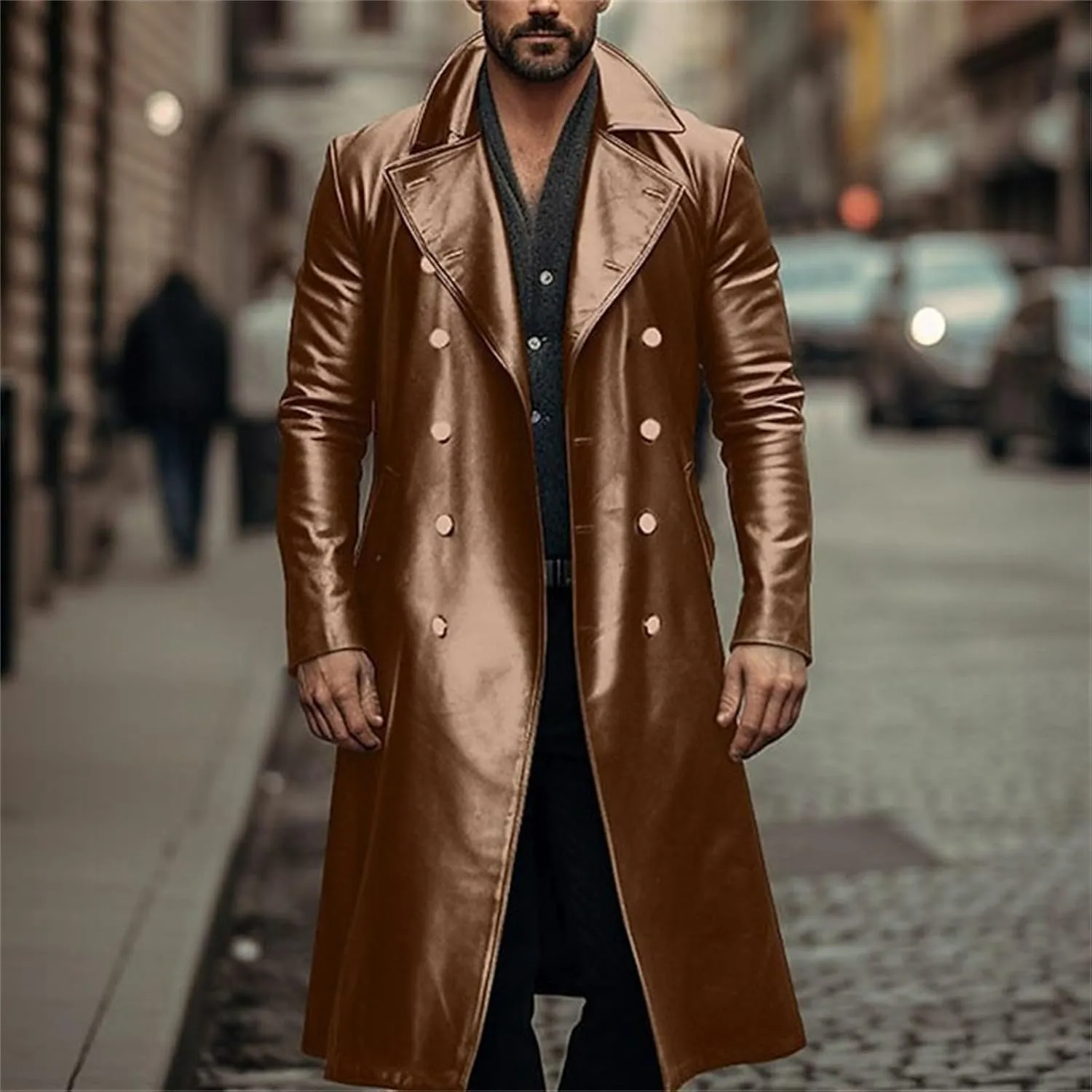 Mens Double Breasted Faux Leather Trench Coat Vintage Steampunk Overcoat German Windbreaker Long Winter Jackets