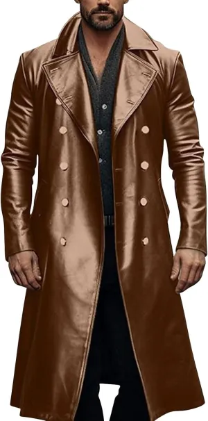 Mens Double Breasted Faux Leather Trench Coat Vintage Steampunk Overcoat German Windbreaker Long Winter Jackets