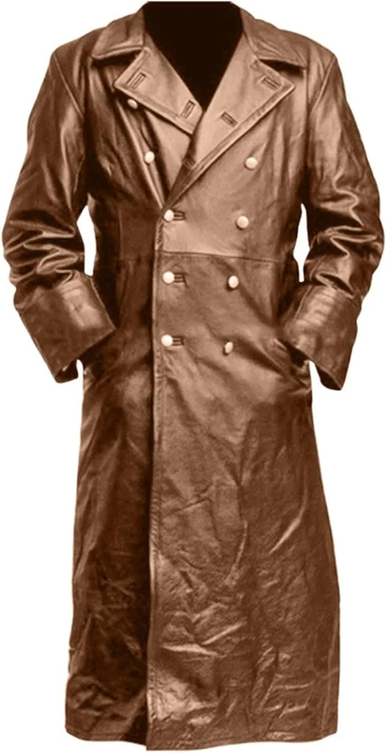 Mens Double Breasted Faux Leather Trench Coat Vintage Steampunk Overcoat German Windbreaker Long Winter Jackets