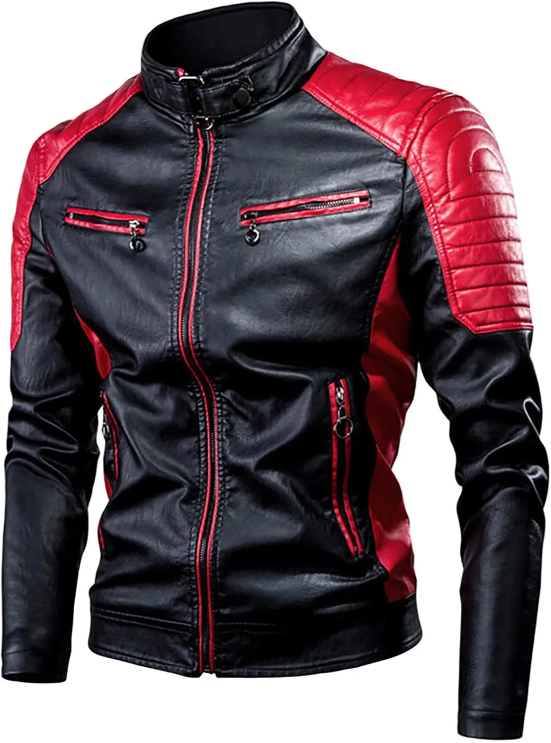 Men's Faux Leather Jacket Stand Collar Motorcycle Leather Jackets Casual Lightweight Zip Up Biker Coat