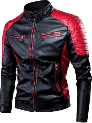 Men's Faux Leather Jacket Stand Collar Motorcycle Leather Jackets Casual Lightweight Zip Up Biker Coat