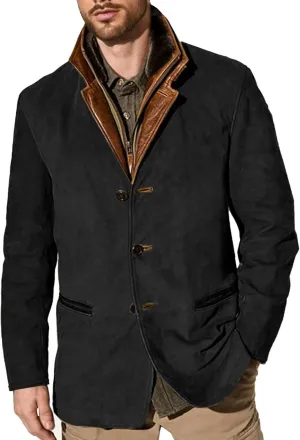Mens Faux Suede Blazer Leather Suit Jacket Distressed Notch Lapel Buttons Sport Coat Zip Vintage Work Wear with Pockets