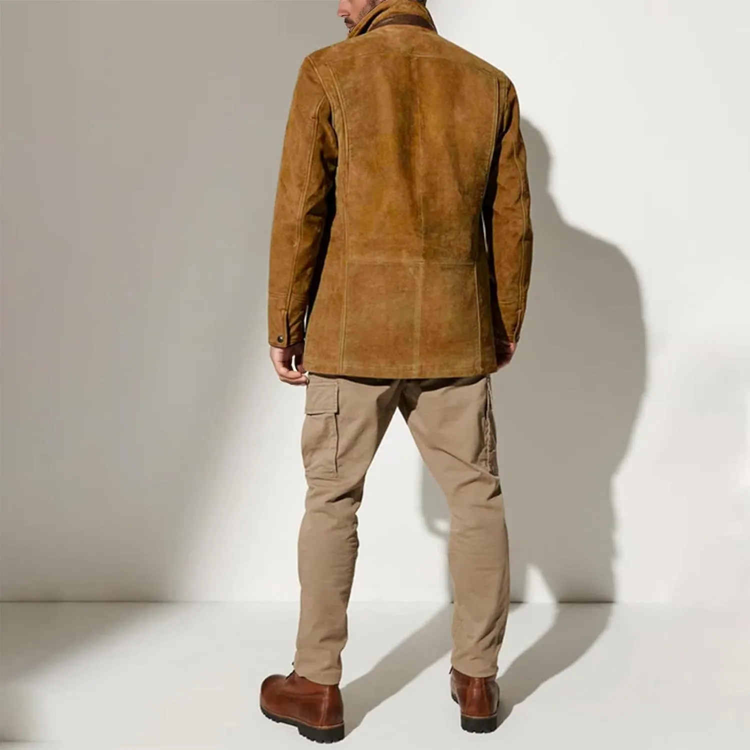 Mens Faux Suede Blazer Leather Suit Jacket Distressed Notch Lapel Buttons Sport Coat Zip Vintage Work Wear with Pockets