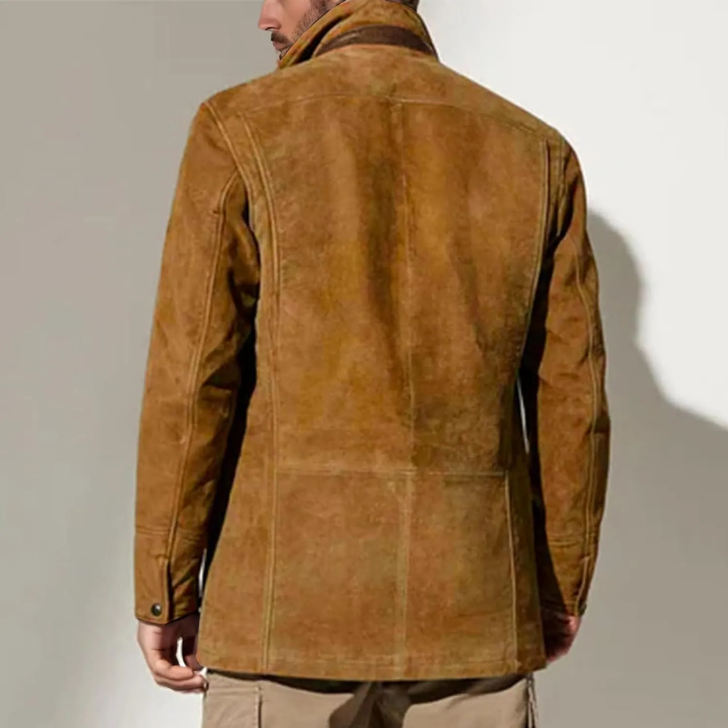 Mens Faux Suede Blazer Leather Suit Jacket Distressed Notch Lapel Buttons Sport Coat Zip Vintage Work Wear with Pockets
