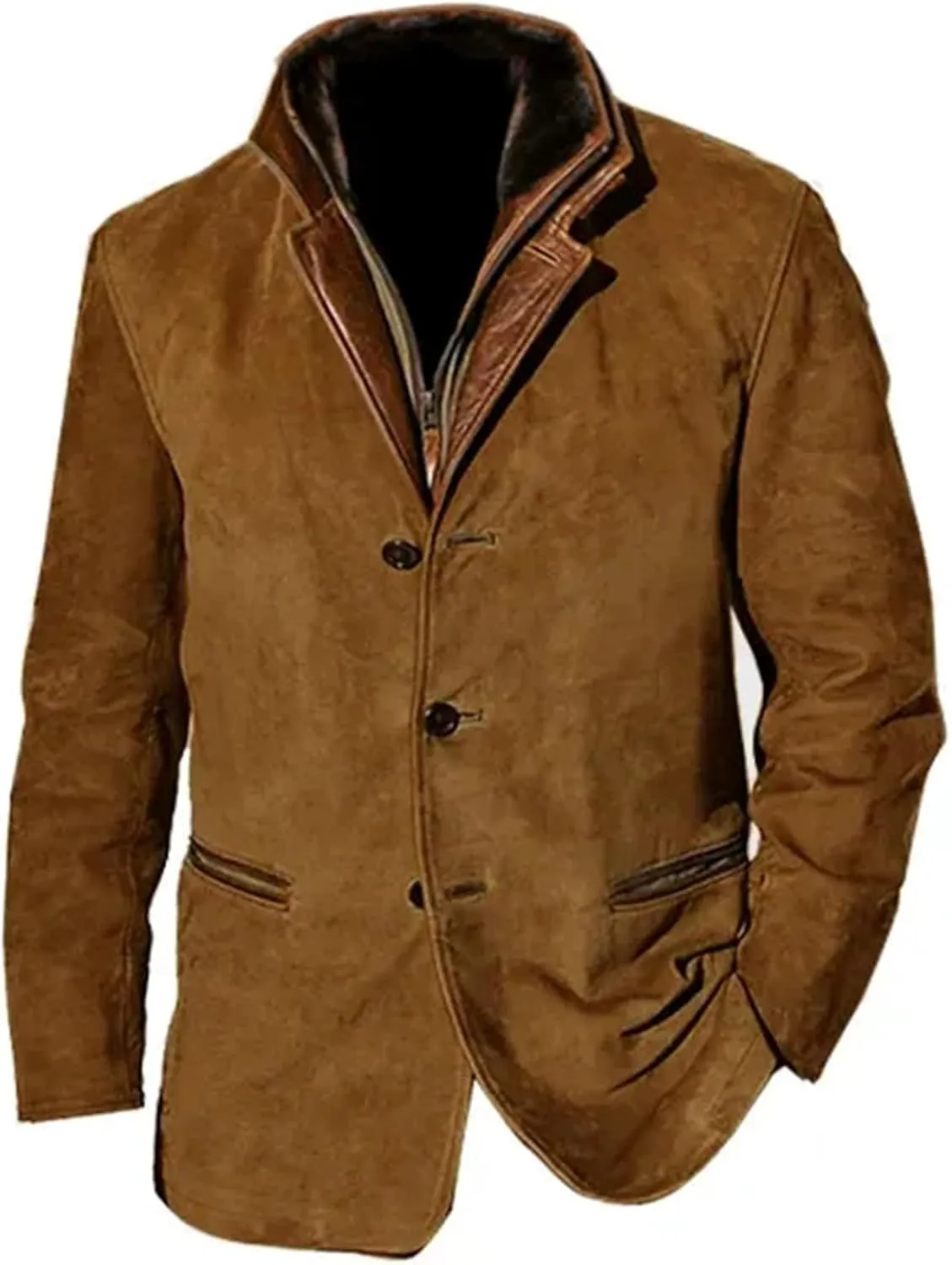 Mens Faux Suede Blazer Leather Suit Jacket Distressed Notch Lapel Buttons Sport Coat Zip Vintage Work Wear with Pockets