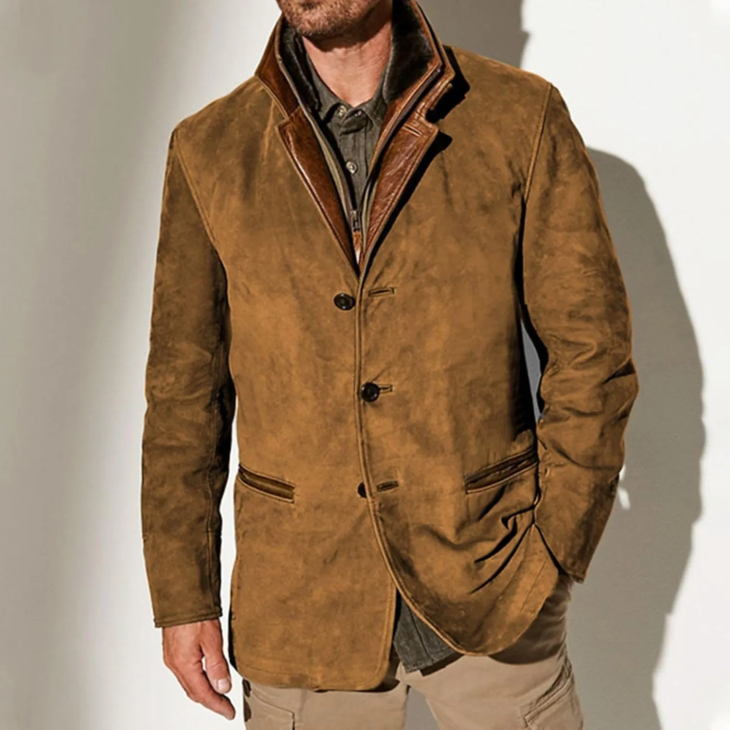 Mens Faux Suede Blazer Leather Suit Jacket Distressed Notch Lapel Buttons Sport Coat Zip Vintage Work Wear with Pockets