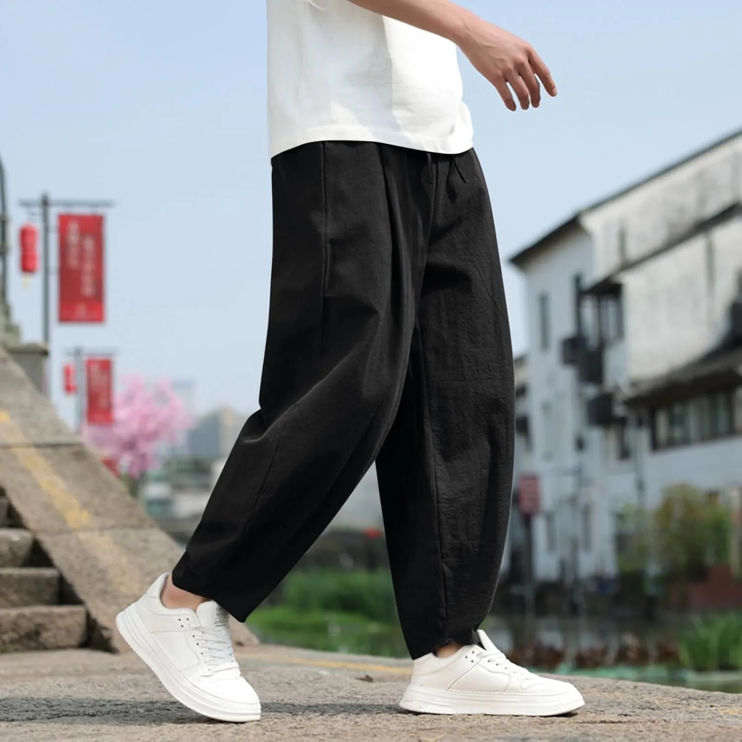 Mens Hip Hop Harem Pants Fashion Solid Color Tapered Trouser Casual Comfy Elastic Drawstring Baggy Pants