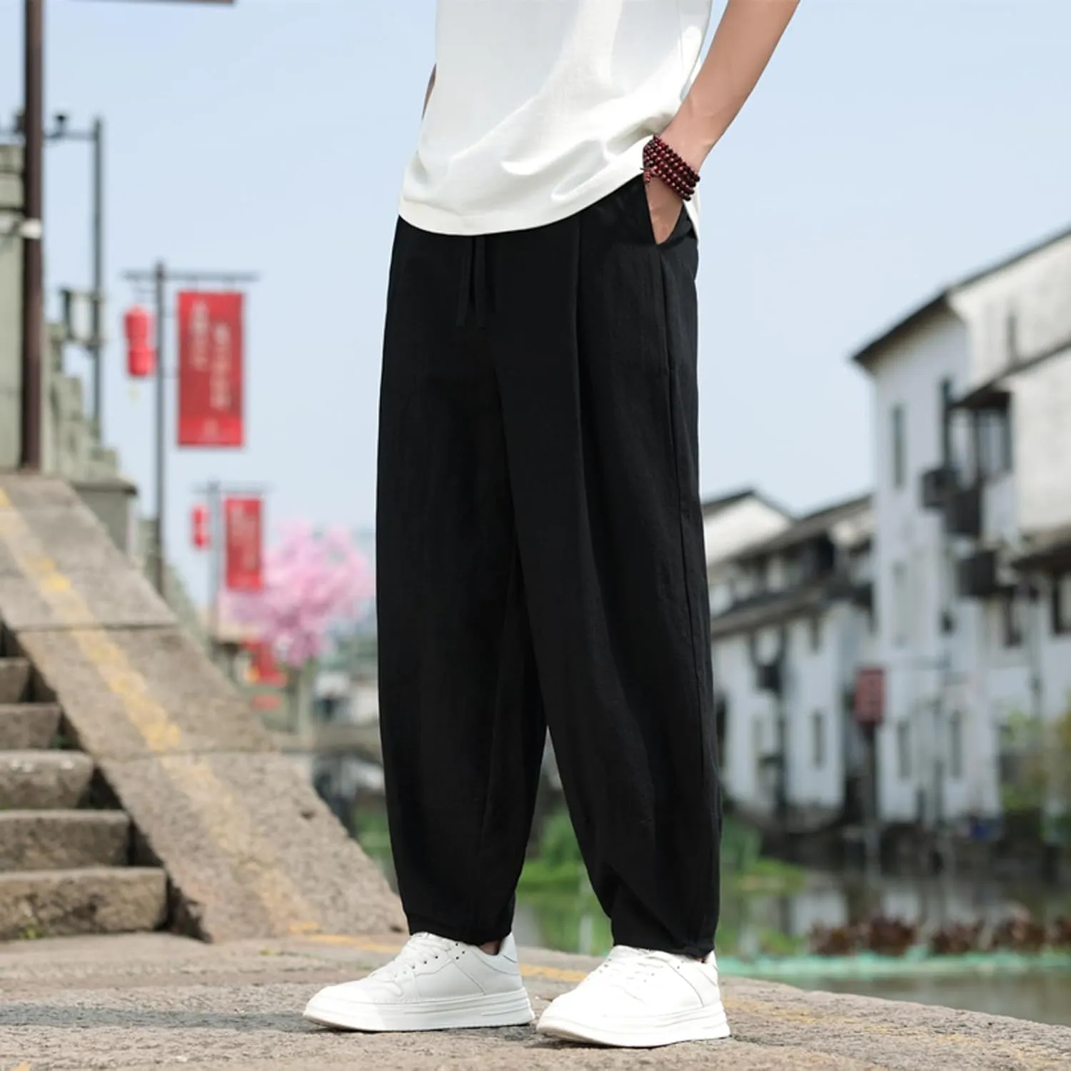 Mens Hip Hop Harem Pants Fashion Solid Color Tapered Trouser Casual Comfy Elastic Drawstring Baggy Pants
