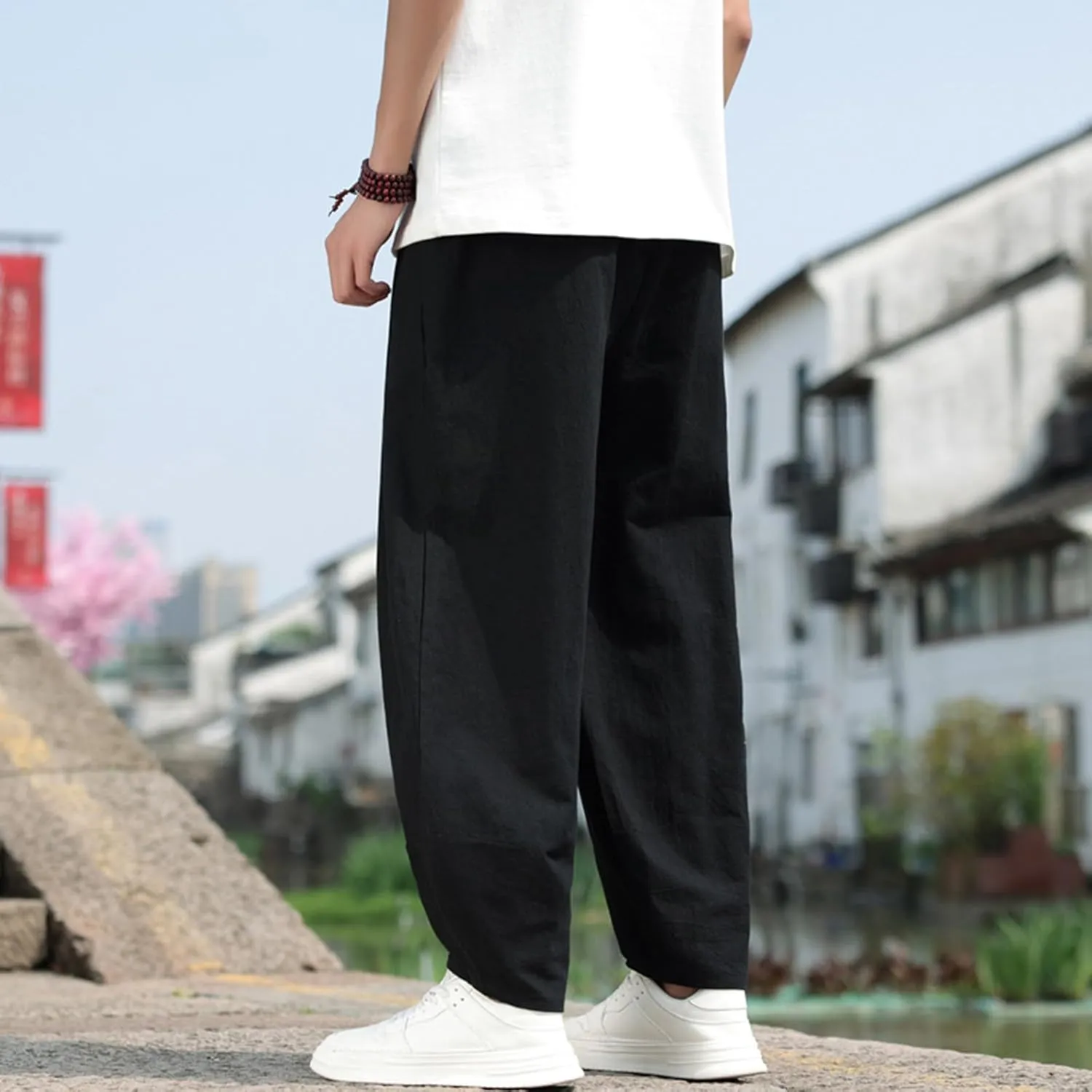 Mens Hip Hop Harem Pants Fashion Solid Color Tapered Trouser Casual Comfy Elastic Drawstring Baggy Pants