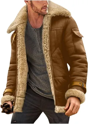 Men's Lamb Wool Bomber Coat Faux Leather Sherpa Fleece Lined Jackets Heavyweight Vintage Suede Faux Fur Trench-Coat