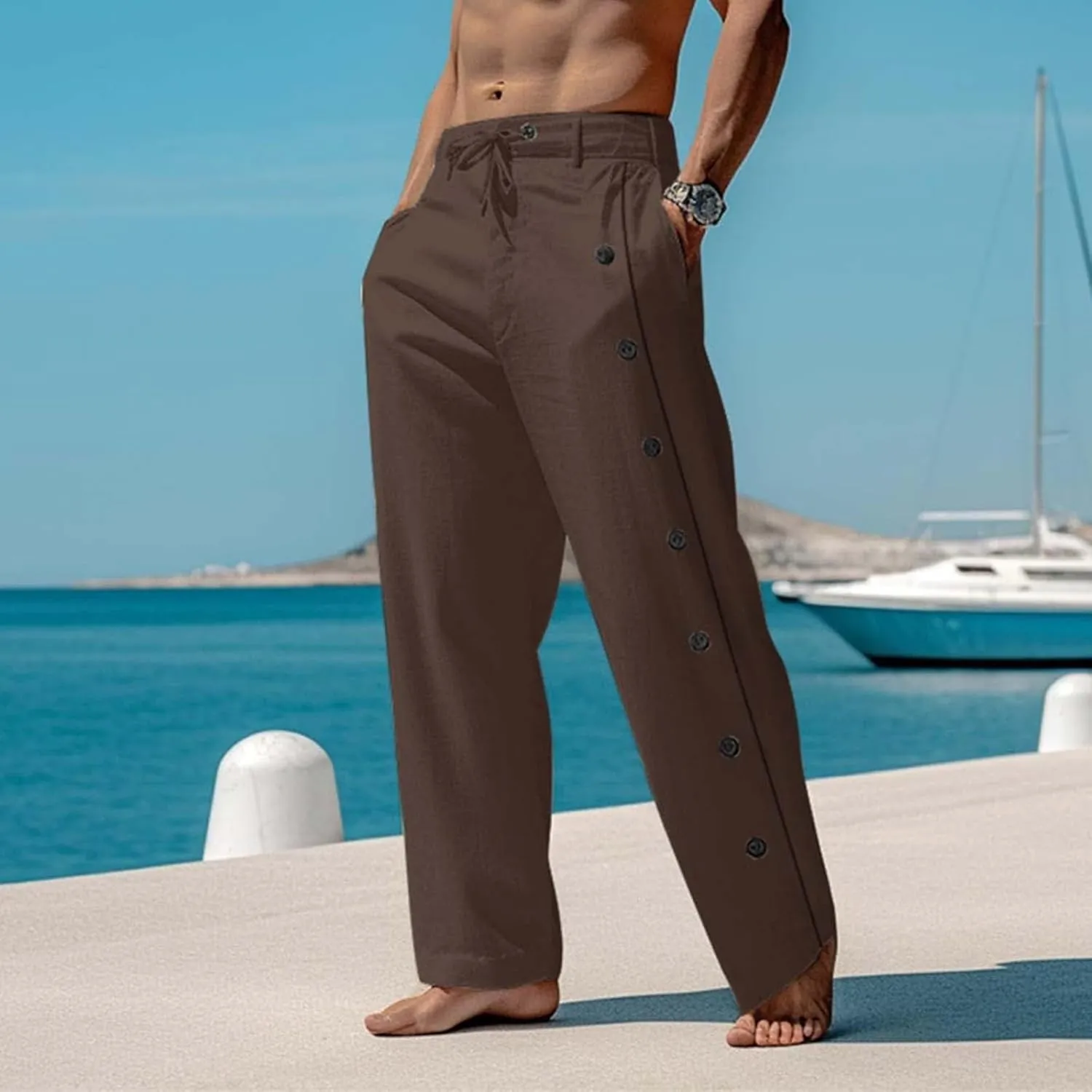 Men's Lightweight Pants Casual Drawstring Elastic Waist Loose Fit Beach Yoga Trousers with Button for Everyday Wear