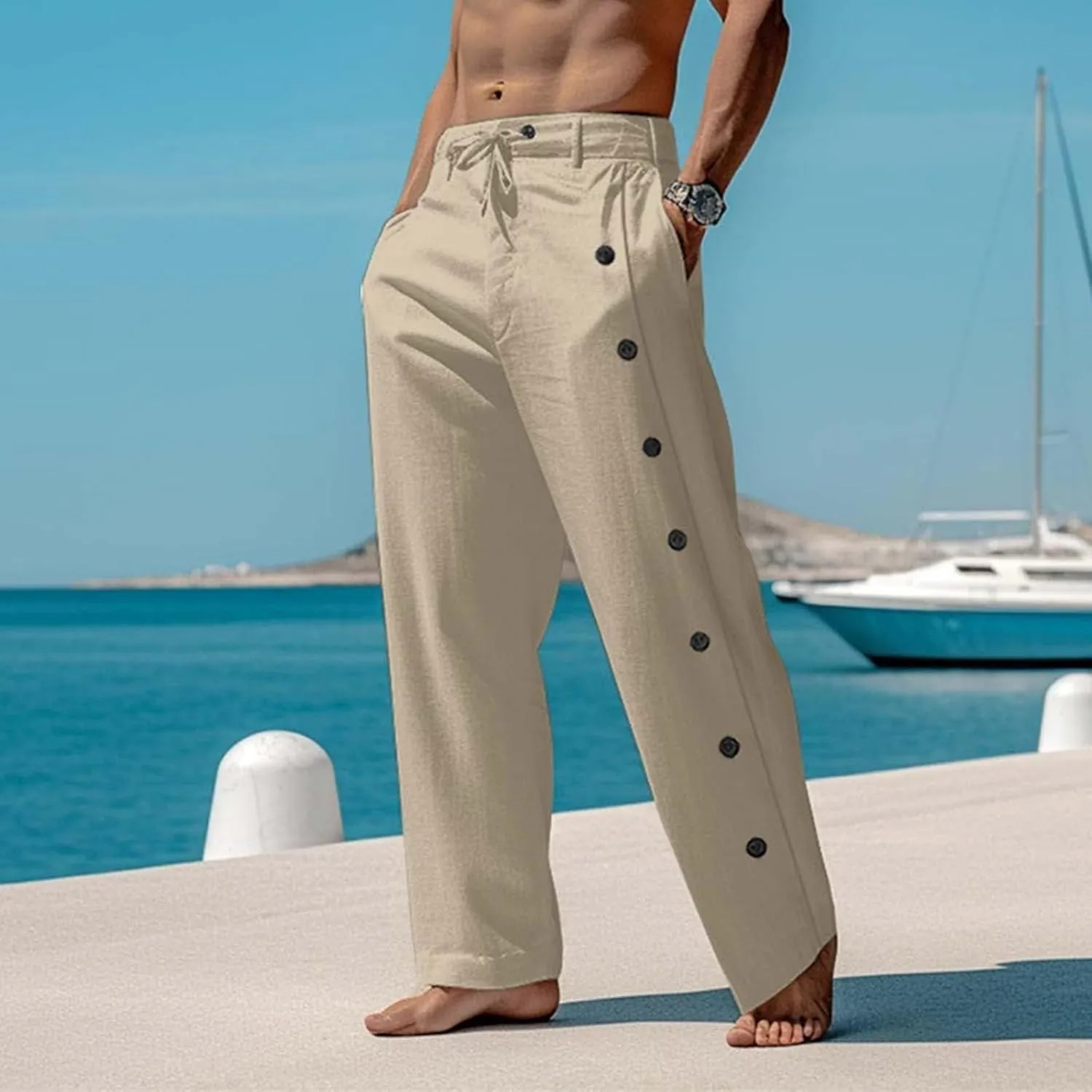 Men's Lightweight Pants Casual Drawstring Elastic Waist Loose Fit Beach Yoga Trousers with Button for Everyday Wear