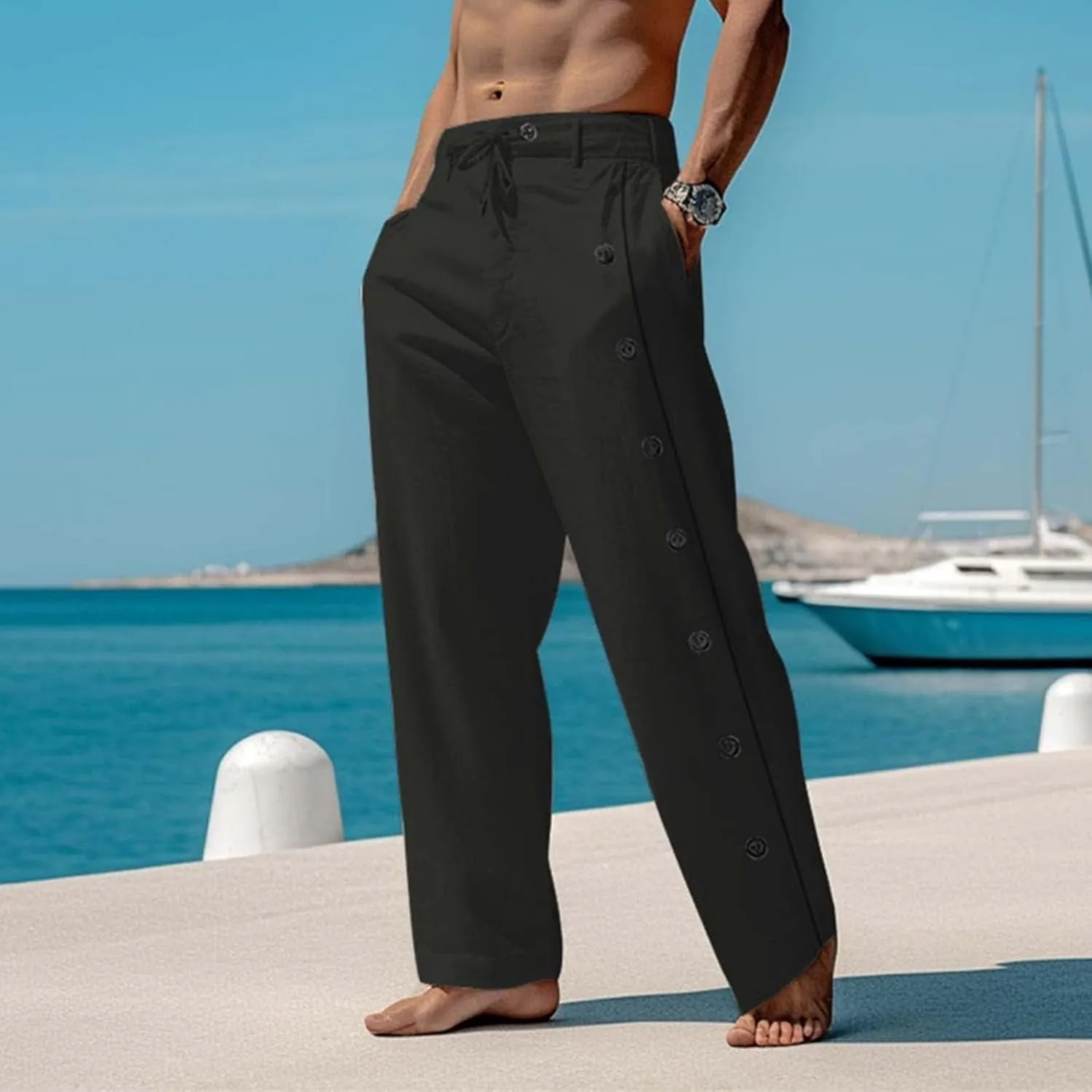 Men's Lightweight Pants Casual Drawstring Elastic Waist Loose Fit Beach Yoga Trousers with Button for Everyday Wear