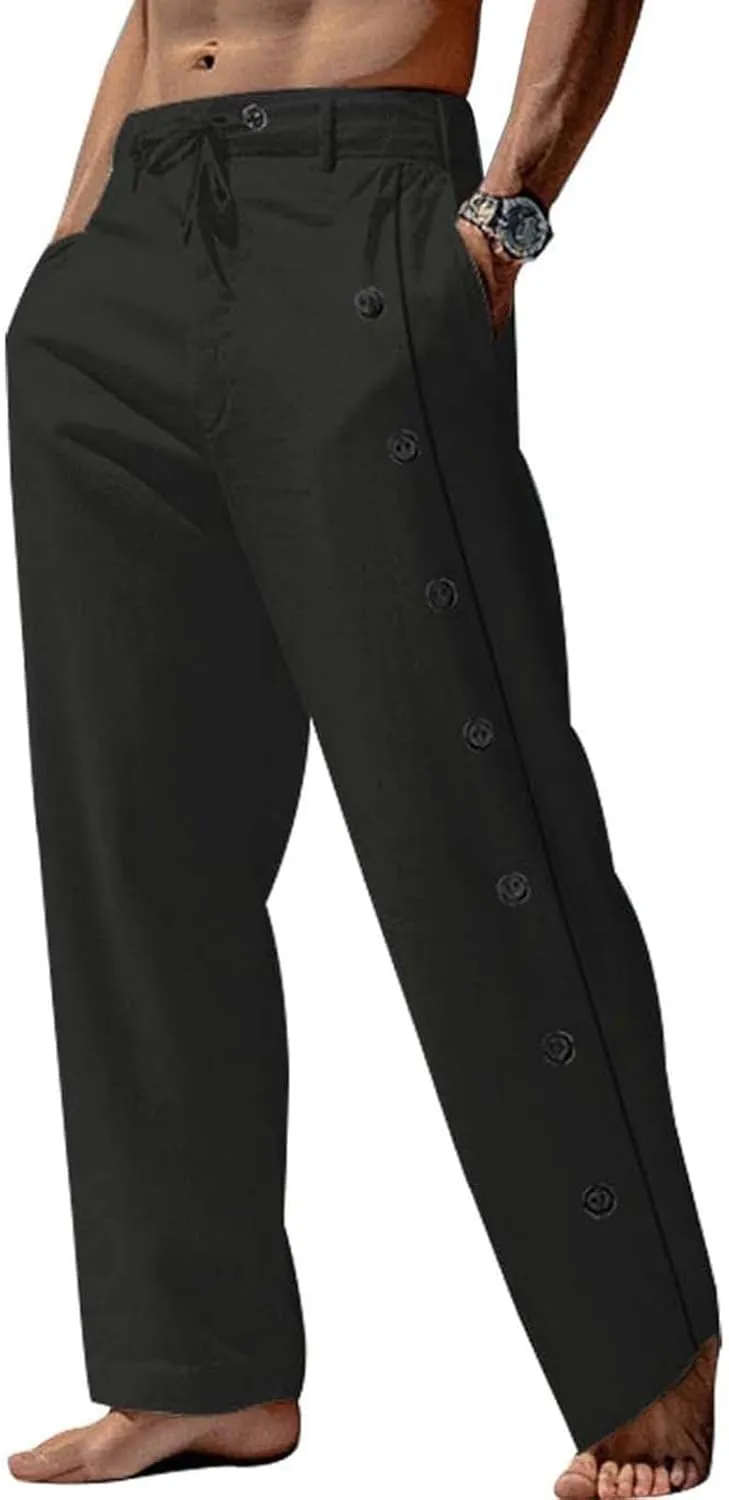 Men's Lightweight Pants Casual Drawstring Elastic Waist Loose Fit Beach Yoga Trousers with Button for Everyday Wear