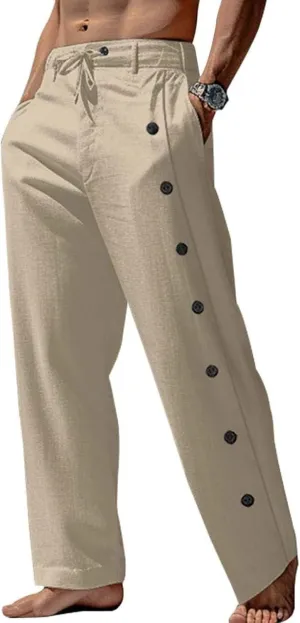Men's Lightweight Pants Casual Drawstring Elastic Waist Loose Fit Beach Yoga Trousers with Button for Everyday Wear