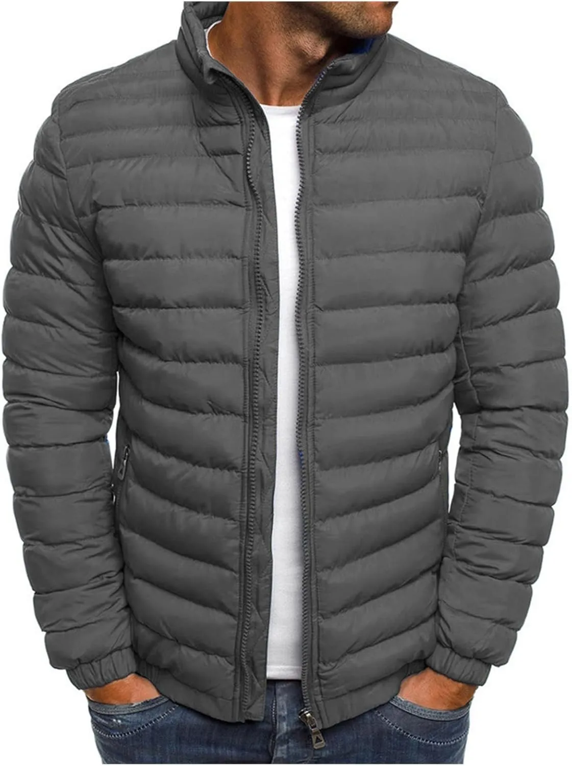 Men's Lightweight Plaid Quilted Jacket Solid Color Loose Jacket Arm Zipper Cotton-Padded Coat Warm Autumn Winter