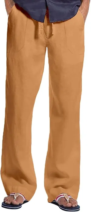 Men's Linen Casual Cargo Pants with Pockets Solid Hipster Beach Pants Breathable Outdoor Hiking Sweatpants Summer Joggers